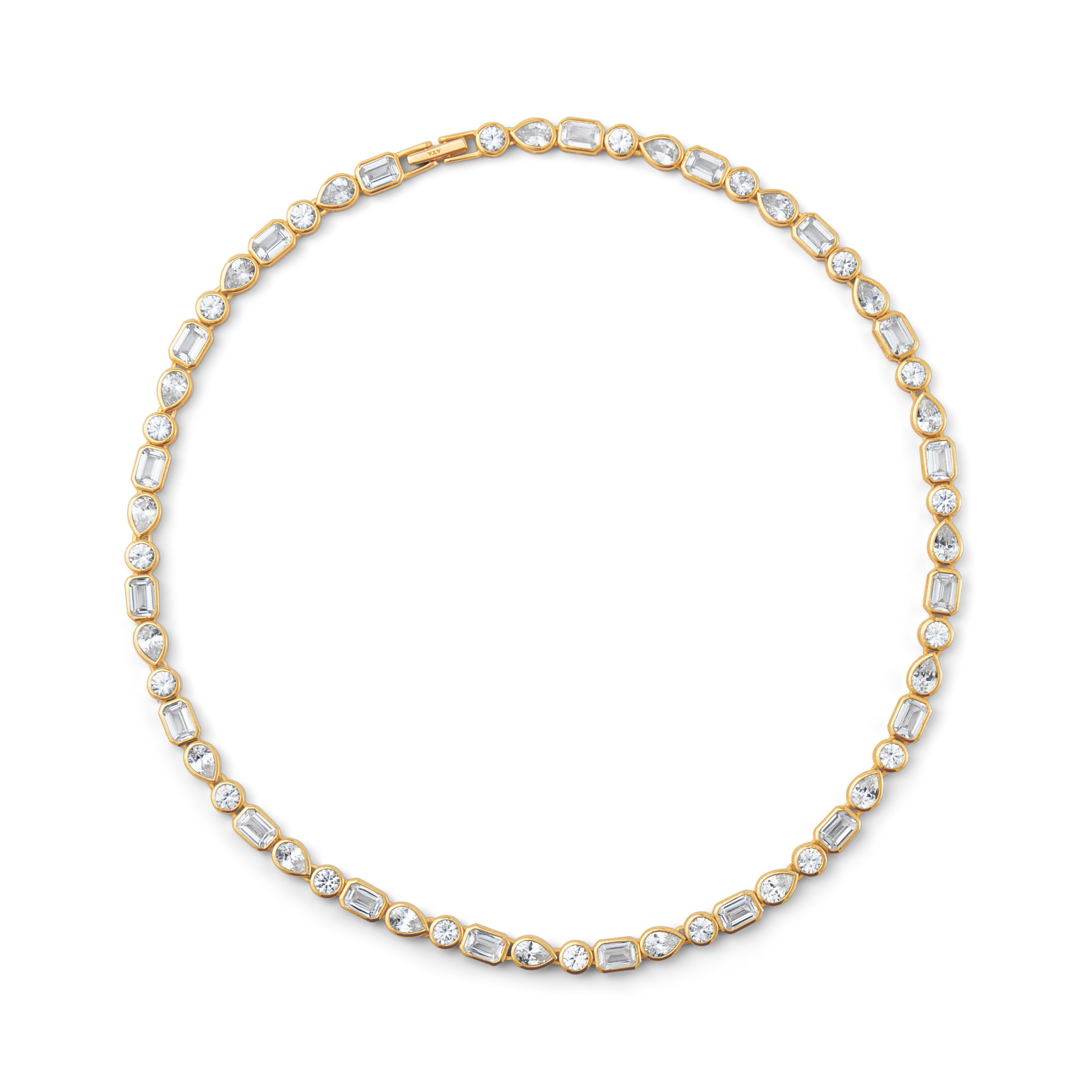 Gold necklace with clear stones on a white background