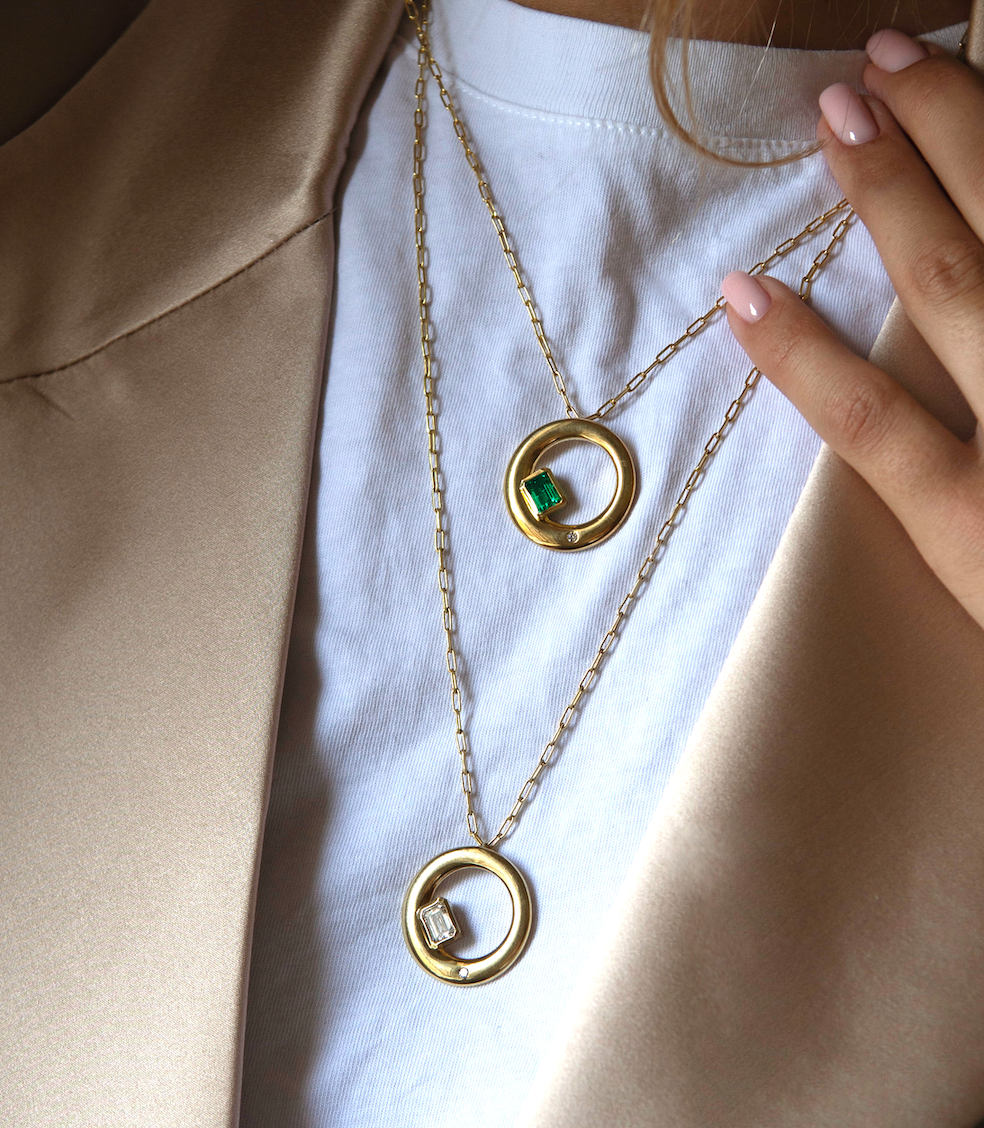 Chloe Necklace in emerald, worn