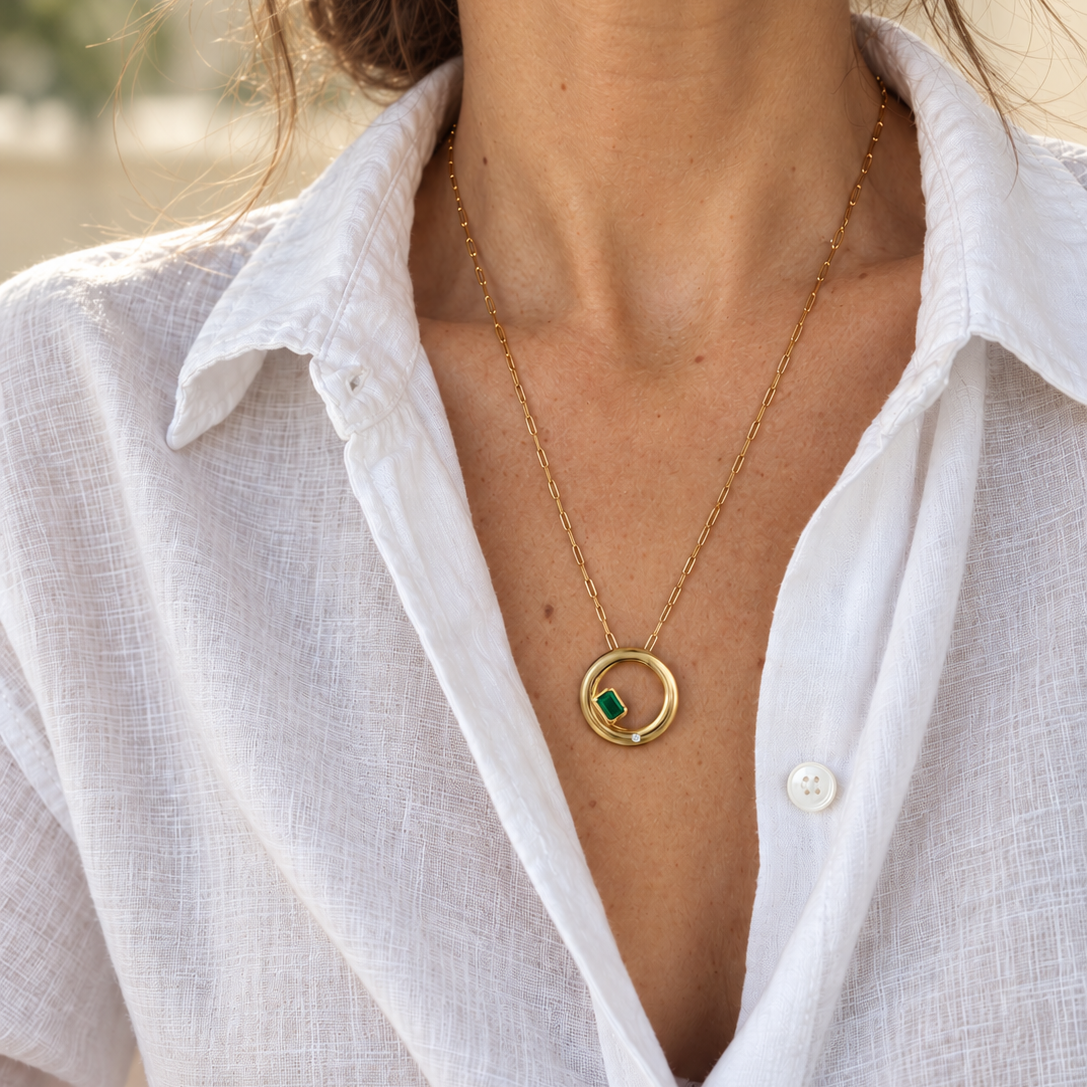 Chloe Necklace in emerald, worn with a white linen shirt