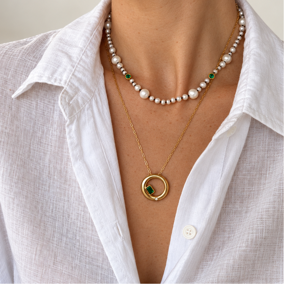 Chloe Necklace in emerald layered with pearl and emerald necklaces
