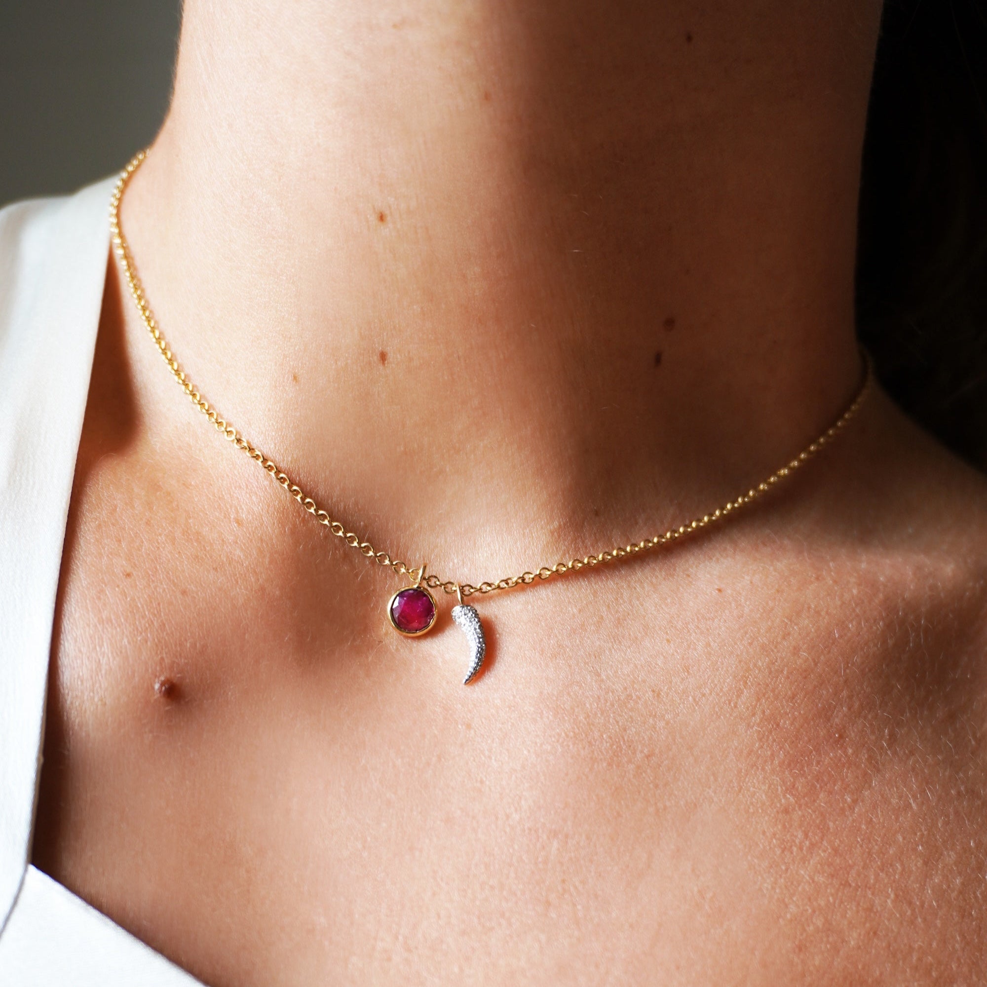 Pigeon Blood Ruby and Diamond Tusk Necklace
