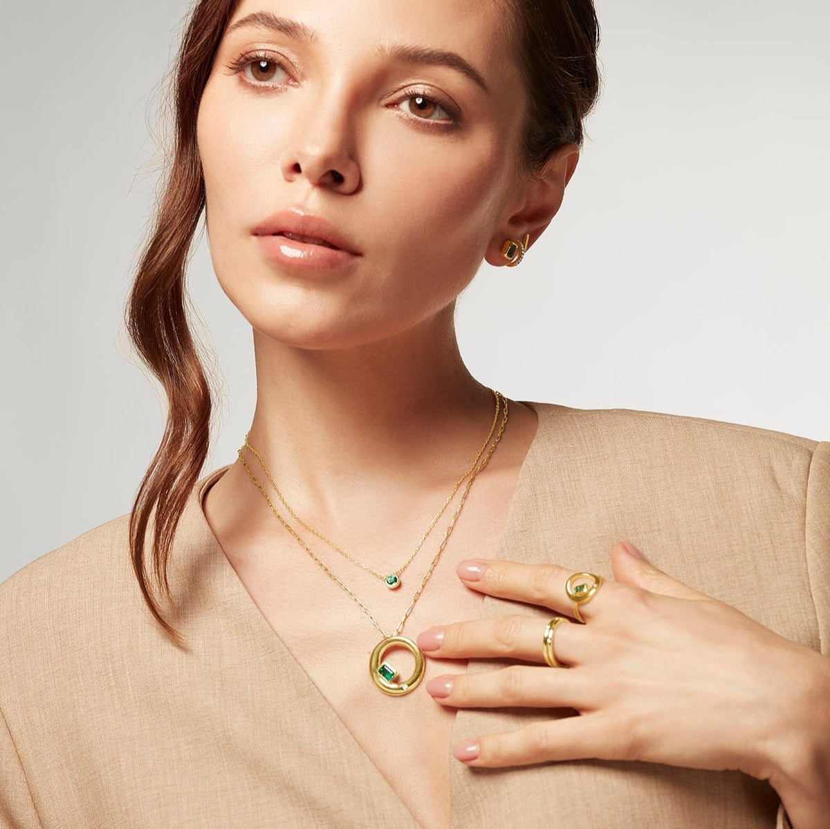 Chloe Necklace in emerald, worn
