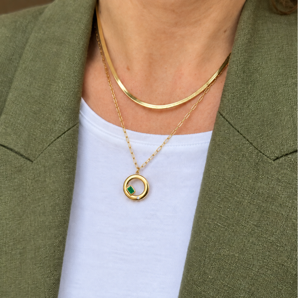 Chloe Necklace in emerald layered with a snake chain, green blazer