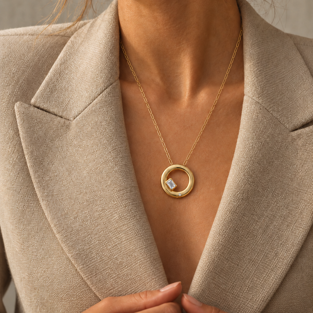 Chloe Necklace in moissanite, worn with a beige blazer
