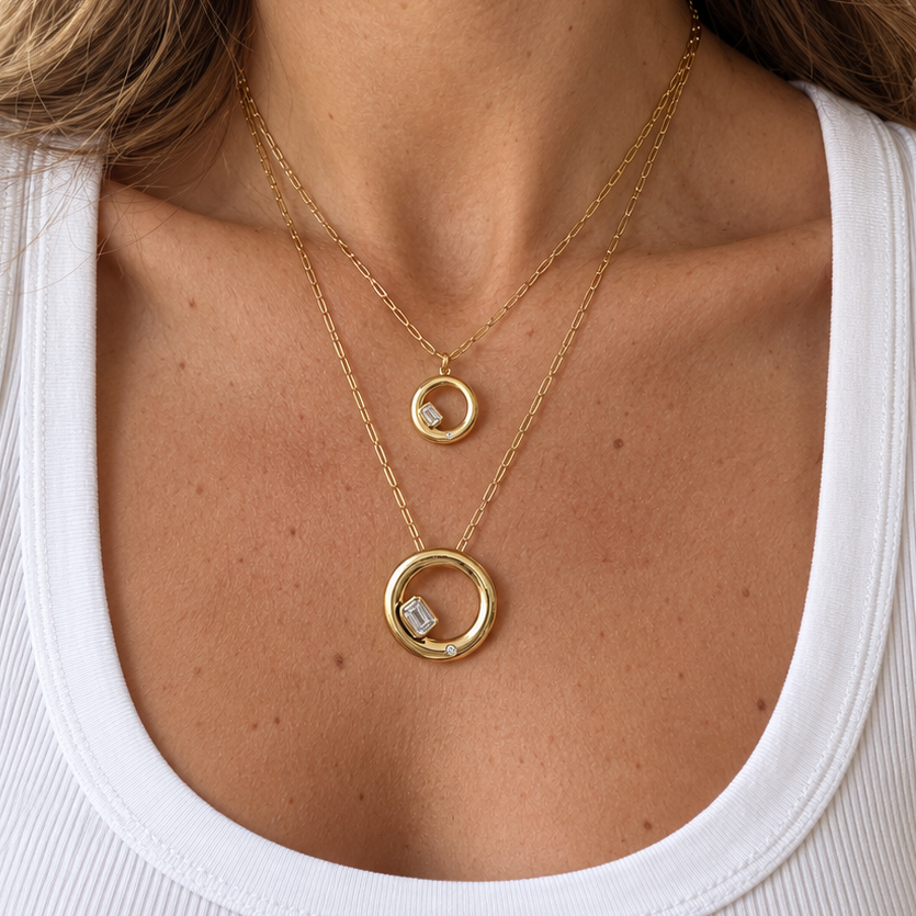 Chloe Necklace and Mini Chloe Necklace in moissanite, layered with a white ribbed tank