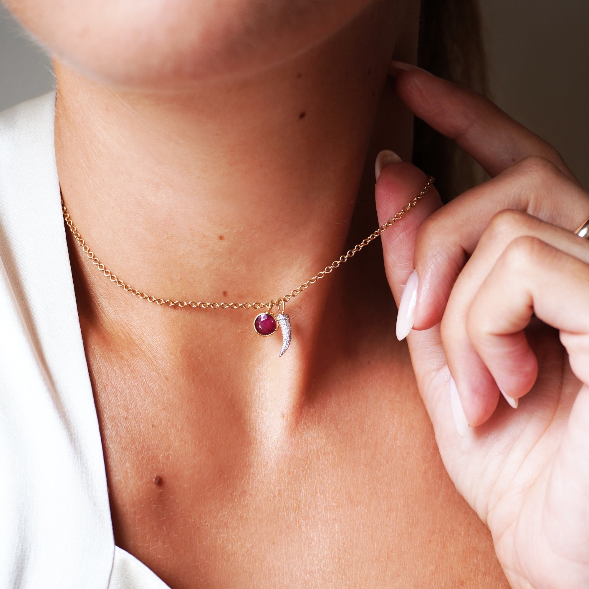 Pigeon Blood Ruby and Diamond Tusk Necklace